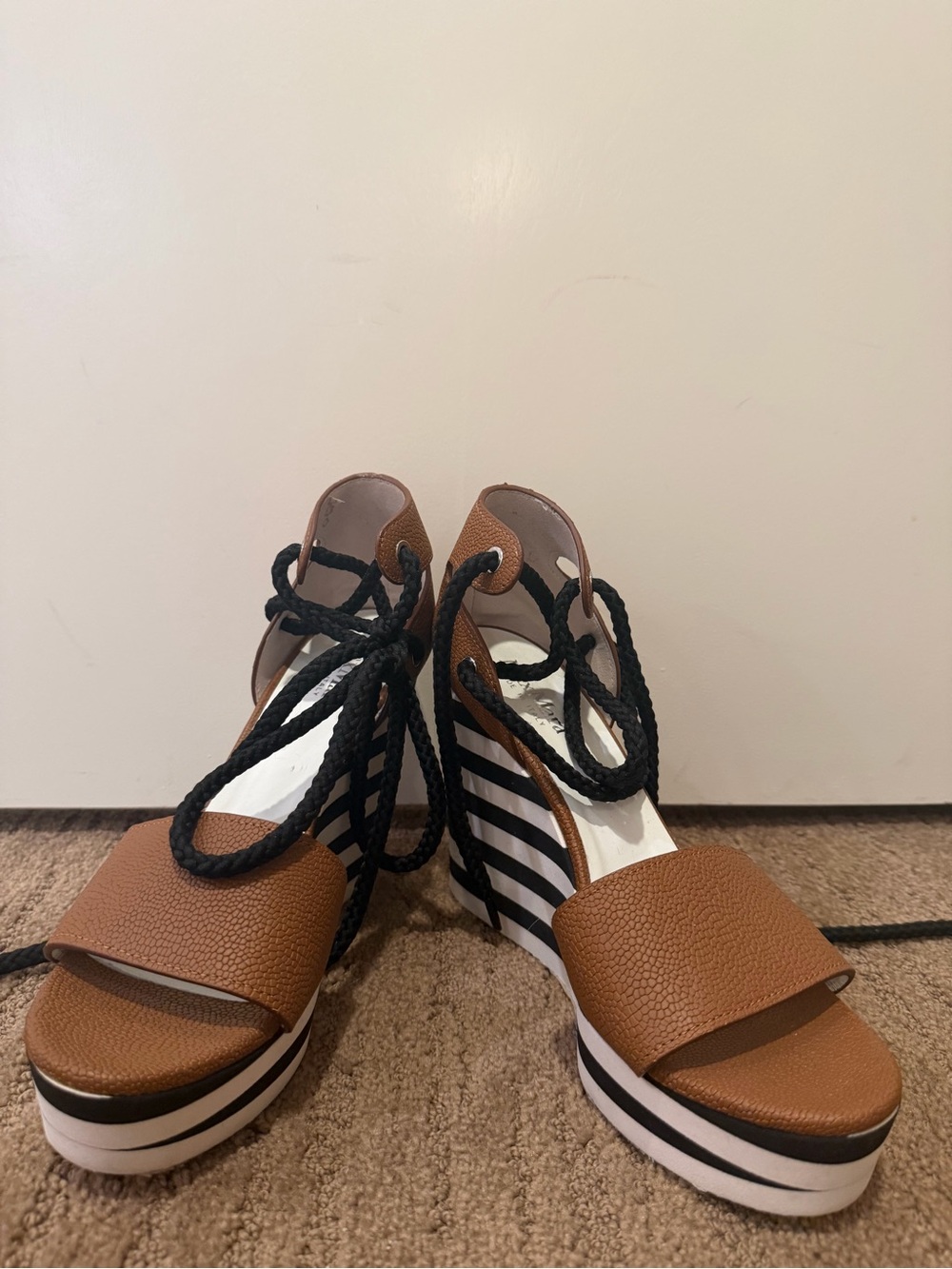 MaxMara Brown Leather and Black Lace-Up Striped Wedge Sandals
